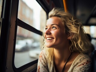 Wall Mural - Happy young blond woman tourist on a bus