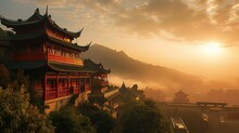 Landscape Of Chinese Temple In The Mist At Sunset With Mountain Background