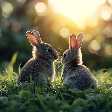 Cute little rabbits on green spring grass at sunset
