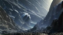 A Desolate Ravine Landscape With A Distant Planet In View.
