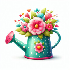 Wall Mural - A colorful watering can with a blooming pink flower. ai generative