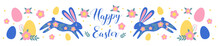 Flat Vector Illustration With Two Blue Bunnies With Flowers And Egg S And Lettering In The Middle.  Easter  Holiday Symbols, Border,  Greeting Card. 
