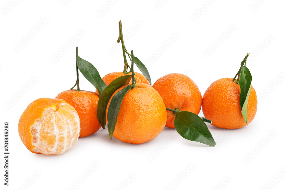 Sweet tangerines with leaves on white background