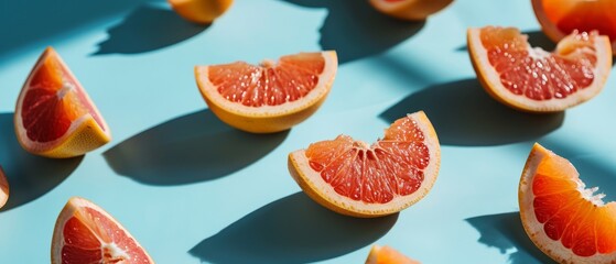 Wall Mural - Sliced grapefruits laid out on a blue background, oozing freshness and zest.