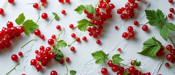 Canvas Print - Scattered redcurrants with vibrant red hues and fresh green leaves on a grey surface.