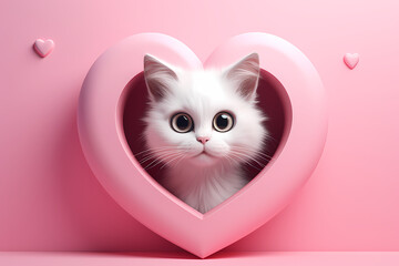 Wall Mural - Heartfelt Surprise: Little Kitten Peeking from a Heart-Shaped Hole in Pink, Embracing Valentine's Day Love,  Valentine's Day Concept