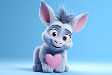 Wall Mural - Adorable Baby Blue Donkey Toy with a Pink Heart on a Blue Background, Spreading Love for Valentine's Day