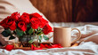 Coffee cup and red roses on the white textile background. Close-up.