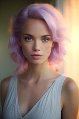 Wall Mural - Stunning portrait of a woman with vibrant purple hair and captivating gaze against soft backdrop