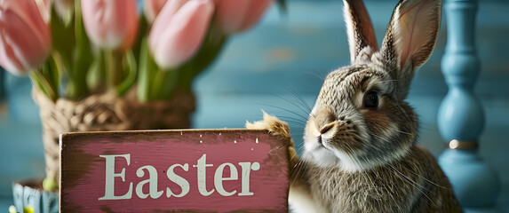 Wall Mural - Easter Bunny Celebration: Bunny Holding an 'Easter' Sign, Welcoming Springtime Festivities