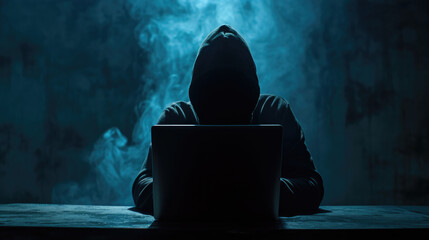Silhouette of a person in a hoodie working on a laptop in a dark room, with a blue light emanating from the screen.