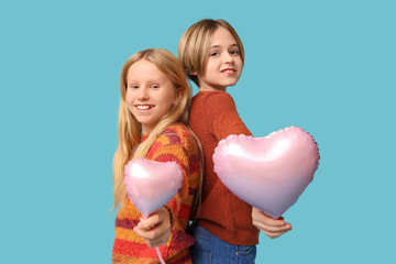 Sticker - Little children with heart-shaped balloons on blue background. Valentine's Day celebration