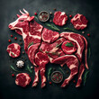 © Igor - Organic grass fed marbled meat, cow made up of red meat beef pieces on dark background from above. ai generative