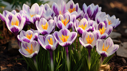 Canvas Print - Purple and white crocuses with bright orange stigmas blooming amidst fallen leaves, capturing the essence of spring.