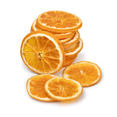 Wall Mural - Heap of dried orange slices isolated on white background close up