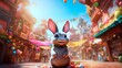 A Californian rabbit surrounded by the bustling energy of a colorful street market.