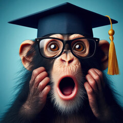 Wall Mural - Surprised chimpanzee in glasses wear graduation hat on bright blue background. ai generative