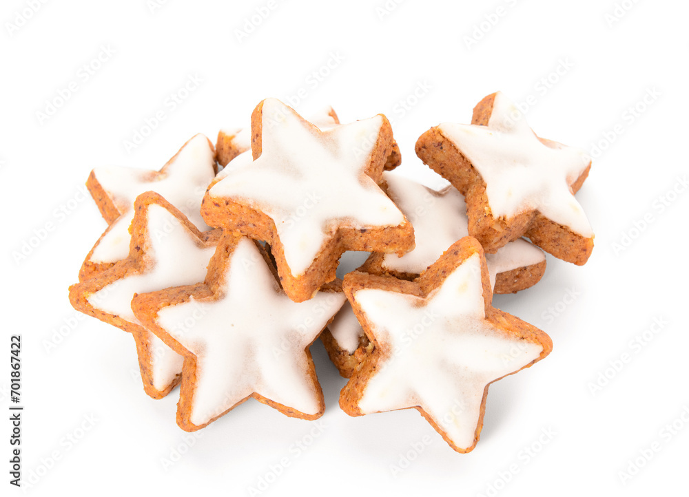 Delicious stars shaped Christmas cookies on white background