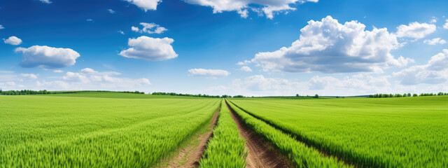 Poster - Serene rural landscape with a vibrant green wheat field under a clear blue sky with fluffy white clouds