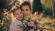 little child with tulips flowers with mother parent mother day