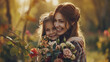 little child with tulips flowers with mother parent mother day