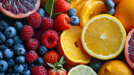 Canvas Print - Lush, sliced citrus fruits mixed with berries.