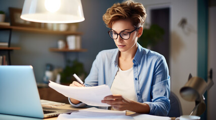 Poster - Focused woman working on a laptop and reading a document.