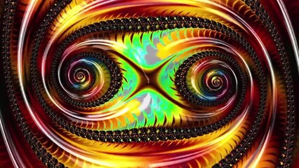 Wall Mural - Abstract swirl colorful fractal rotating on black background. Loop able backdrop animation
