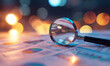 Magnifying glass and documents with analytics data lying on table, selective focus