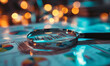Magnifying glass and documents with analytics data lying on table, selective focus