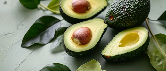 Wall Mural - Ripe avocados cut open with seeds intact, on a marble surface with leaves.