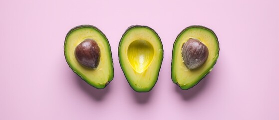 Wall Mural - Avocado halves with pits on a pink backdrop, showcasing fresh and creamy texture.