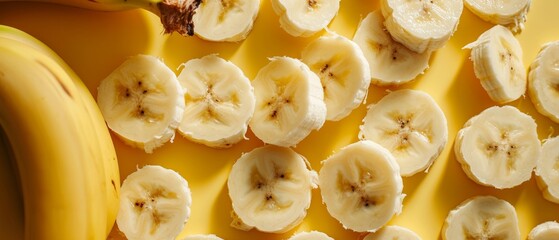 Wall Mural - Freshly cut slices of banana on yellow background. 