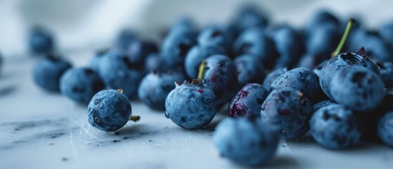 Canvas Print - A heap of fresh, ripe blueberries on a blue surface.