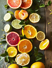 Wall Mural - Assorted citrus fruits artistically displayed on an aged wooden tray, accompanied by fresh leaves.