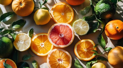 Sticker - Vivid spread of various sliced citrus fruits, top view with shadow.