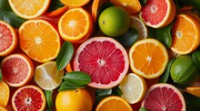 Vivid Spread Of Various Citrus Fruits With Leaves, Top View.