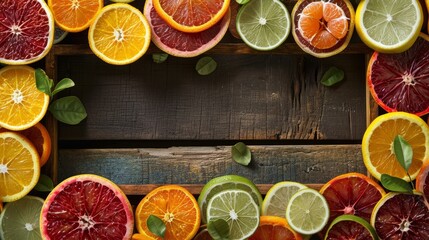 Poster - Frame made out of varied citrus fruits with fresh leaves on a rustic wooden backdrop.