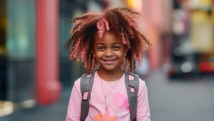 Wall Mural - Portrait of the african american girl with pink ends on the hair against blurred street