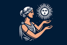 A Beautiful Antique Greek Goddess Holds The Sun In Her Hands. Monochrome Logo, Icon, Emblem. Vector Illustration