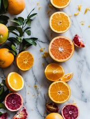 Poster - A colourful array of citrus slices with fresh droplets on a clean bright background.