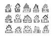 Tiny line houses. Doodle rural residential buildings, hand drawn townhouse cottage with windows doors and botanical elements. Vector isolated set