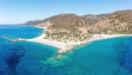 Wall Mural - Crete island Greece. Aerial drone panoramic view of Paleochora town and crystal clear sea water.