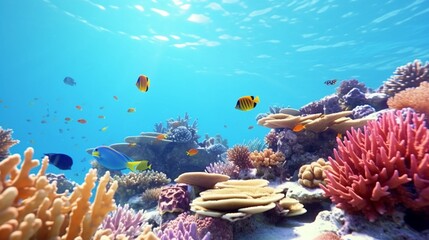Wall Mural - A vibrant and colorful coral reef with a Wrasse (Labridae) swimming among the corals.