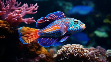 Wall Mural - A vibrant Mandarin Fish swimming among coral reefs in the deep ocean, captured in