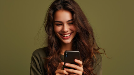 Wall Mural - A young brunette woman is looking at a smartphone screen against a green monochrome studio background.