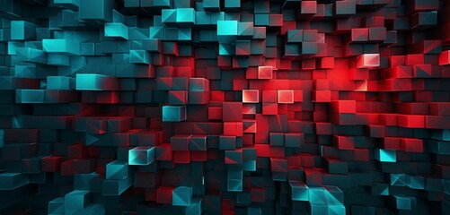 Wall Mural - Abstract digital pixel design featuring angular lines in turquoise and maroon on a 3D wall, accentuating abstract digital pixel design