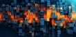 Abstract digital pixel design with geometric shapes in blue and orange on a 3D wall texture, emphasizing abstract digital pixel design