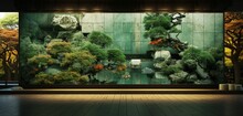 Abstract Digital Pixel Design Of A Tranquil Japanese Garden In Green And Brown On A 3D Wall, Showcasing Abstract Digital Pixel Design