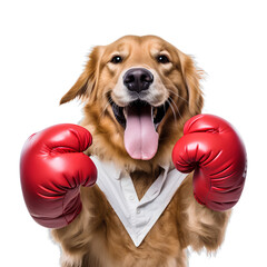 Wall Mural - Golden dog wearing boxing gloves on transparent background PNG. Funny animal concept, fun animal world.